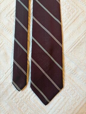 Vintage Bronzini Striped Silk Blend Tie – Burgundy & Silver / Gold, Made in USA